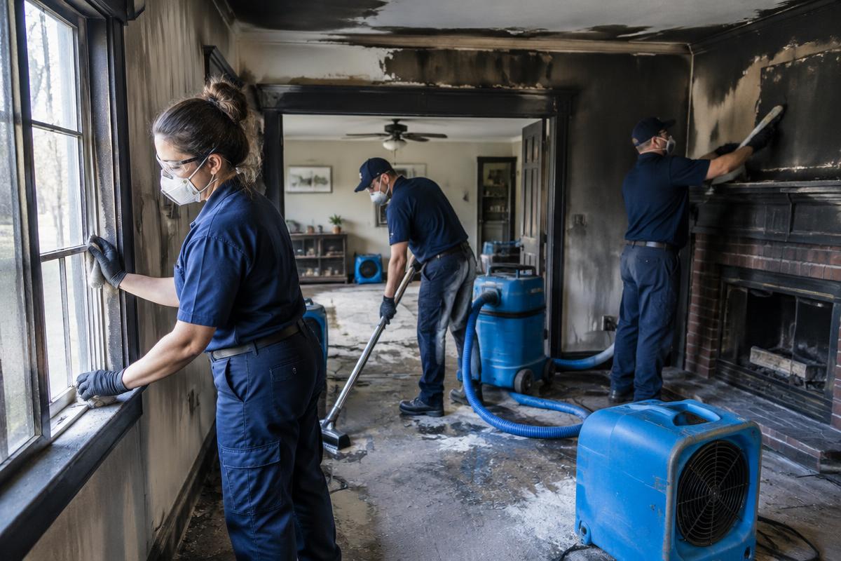 Fire damage restoration crew cleaning soot