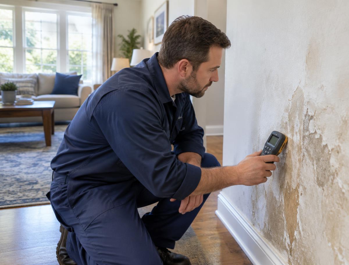 Restoration specialist inspecting moisture damage in a home; illustrative scene