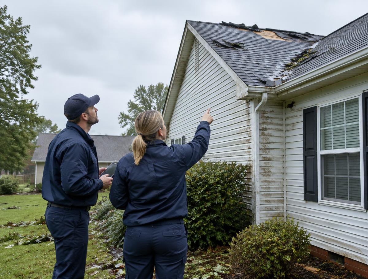 Restoration specialists assessing a storm-affected roof